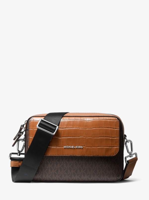 Panske Crossbody Kabelka Michael Kors Hudson Crocodile Embossed Leather and Logo Hnede - Tasky Michael Kors Sleva | DKGPI-4319